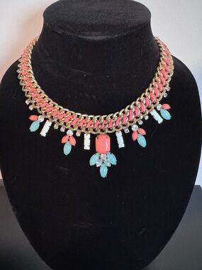 Statement Gold Chain Necklace with Coral and Aqua Gem Accents